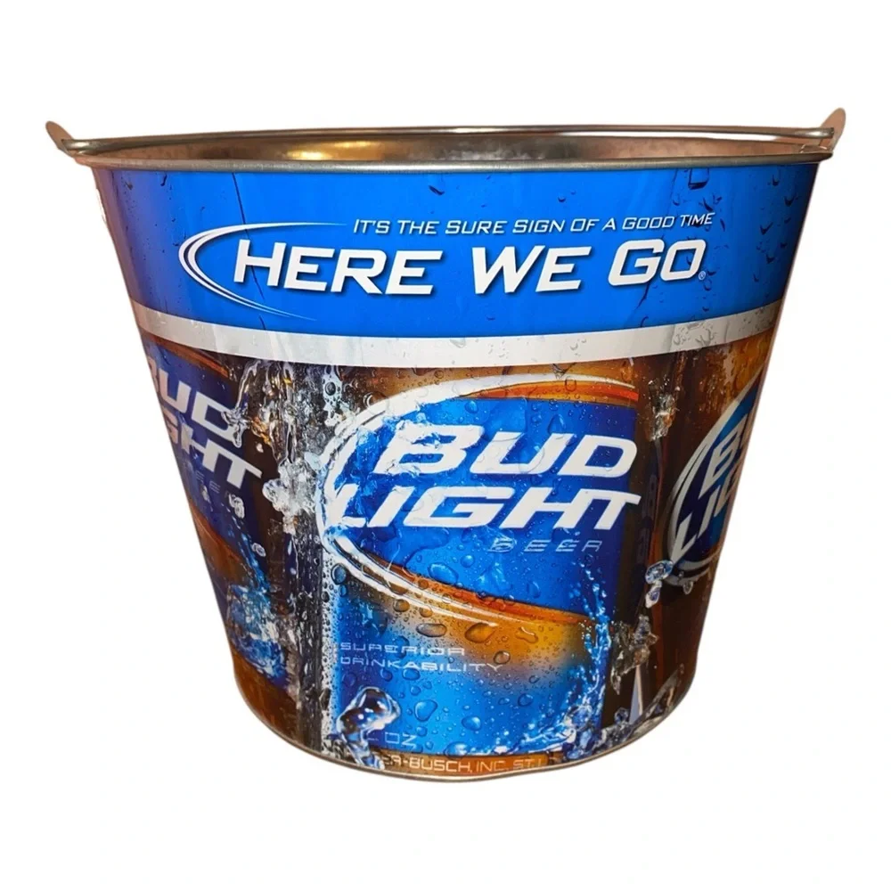 BUD LIGHT METAL ICE BUCKET Galvanized Metal Bucket with Top Handle in Blue/Tan